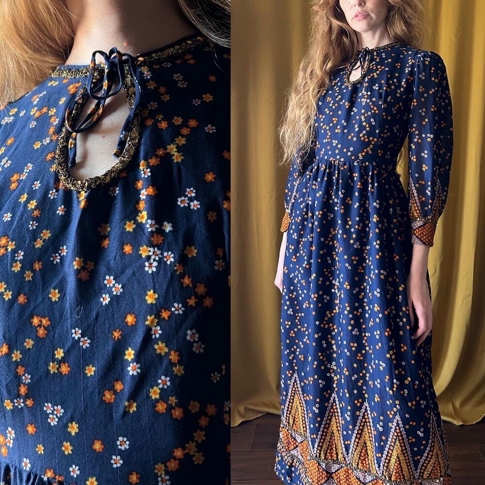Vintage 1970s Flower Pattern Boho Maxi Dress, Medium
